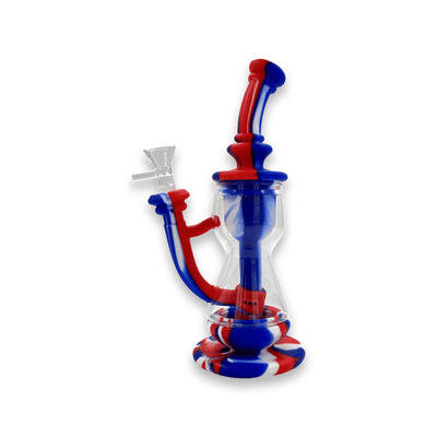 Silicone/Glass Recycler Water Pipe - 9.5"/14mm F- Red and Blue