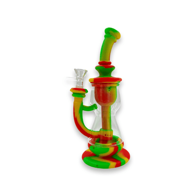 Silicone/Glass Recycler Water Pipe - 9.5"/14mm F- Red and Green